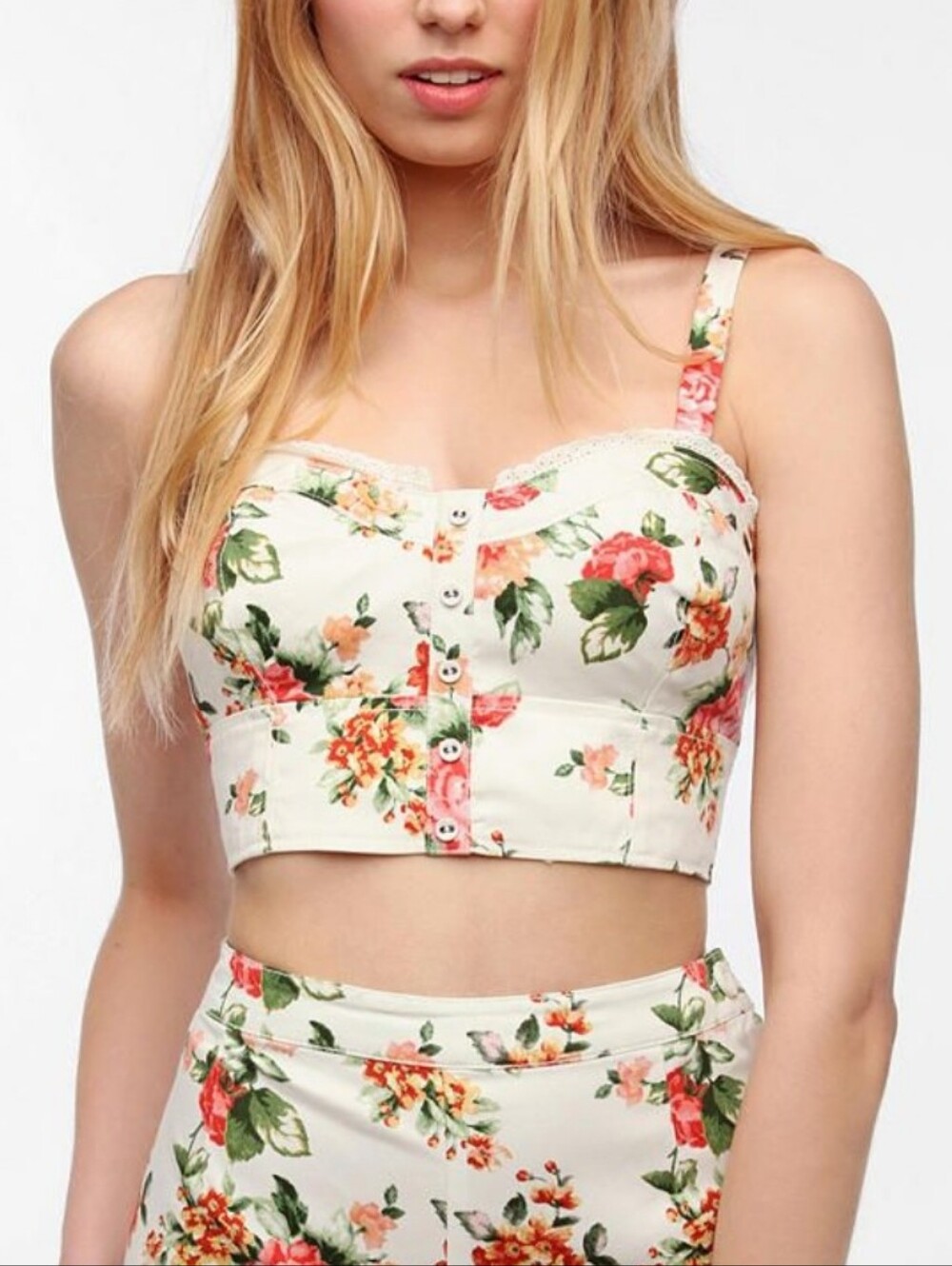Kimchi Blue Cream Pink Floral Pin Up Bustier Lace Trim Crop Top Sm Cottagecore